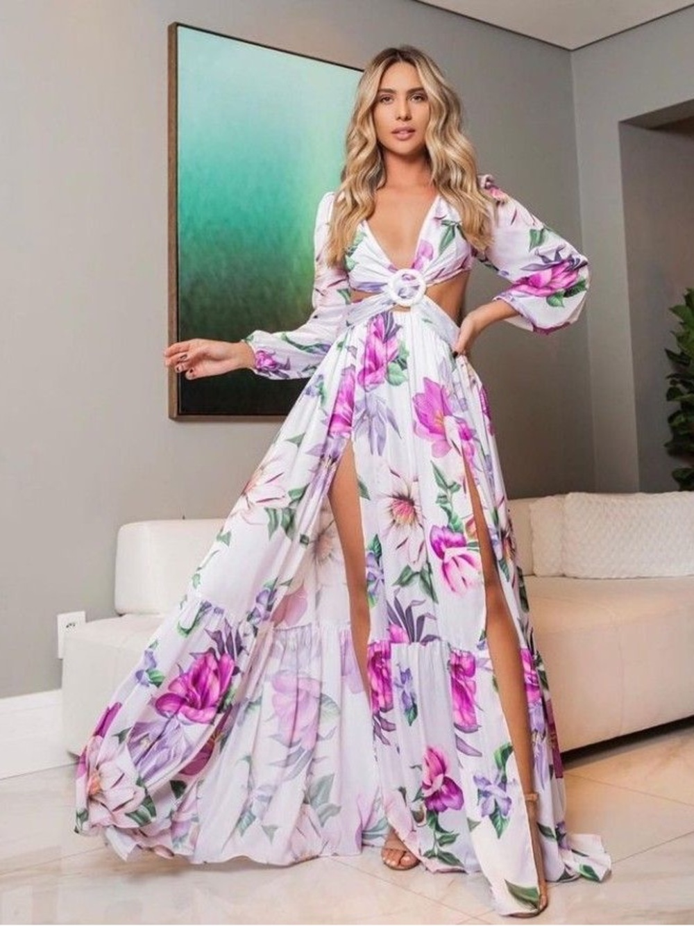 Floral Cutout Maxi Dress - White & Pink